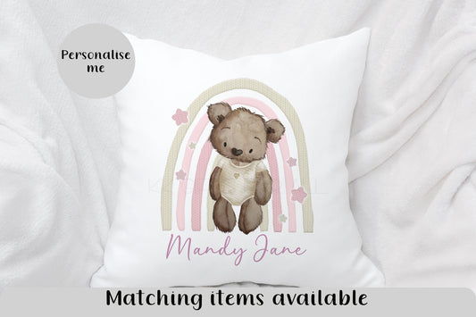 Pink Rainbow Teddy Bear Cushion, Girl's Nursery Cushion, New Baby Gift, Personalised Cushion For Newborn Baby