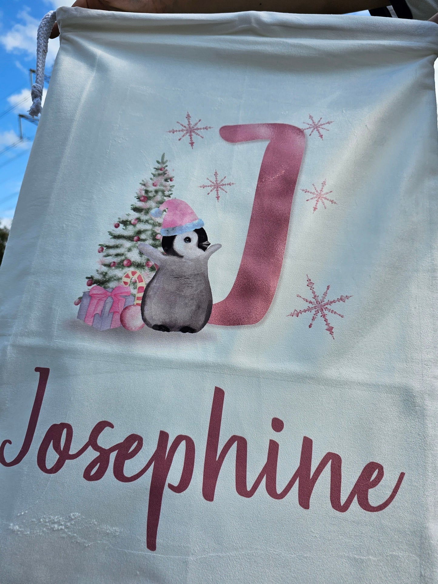 Personalsied Christmas Santa Sack Father Christmas Bag, Pink Penguin Father Christmas Sack, Name & Initial