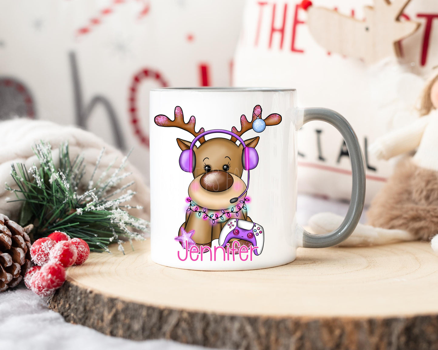 Christmas Reindeer Mug, Children's Gamer Christmas Eve Grey 11oz Mug