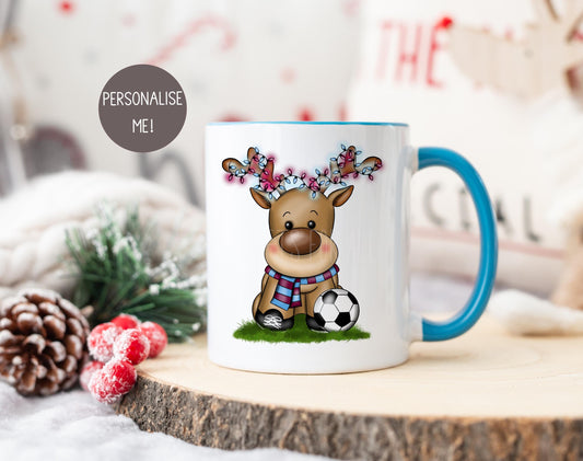 Christmas Football Reindeer Mug, Personalised Grey Christmas Mug, Football Coach Gift, Football Lover Xmas Mug, Claret & Blue Footie Team