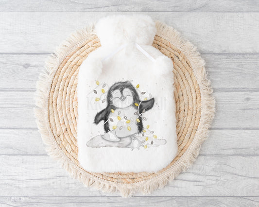 Penguin Hot Water Bottle, Personalised Christmas Hot Water Bottle, Fluffy Penguin Gifts