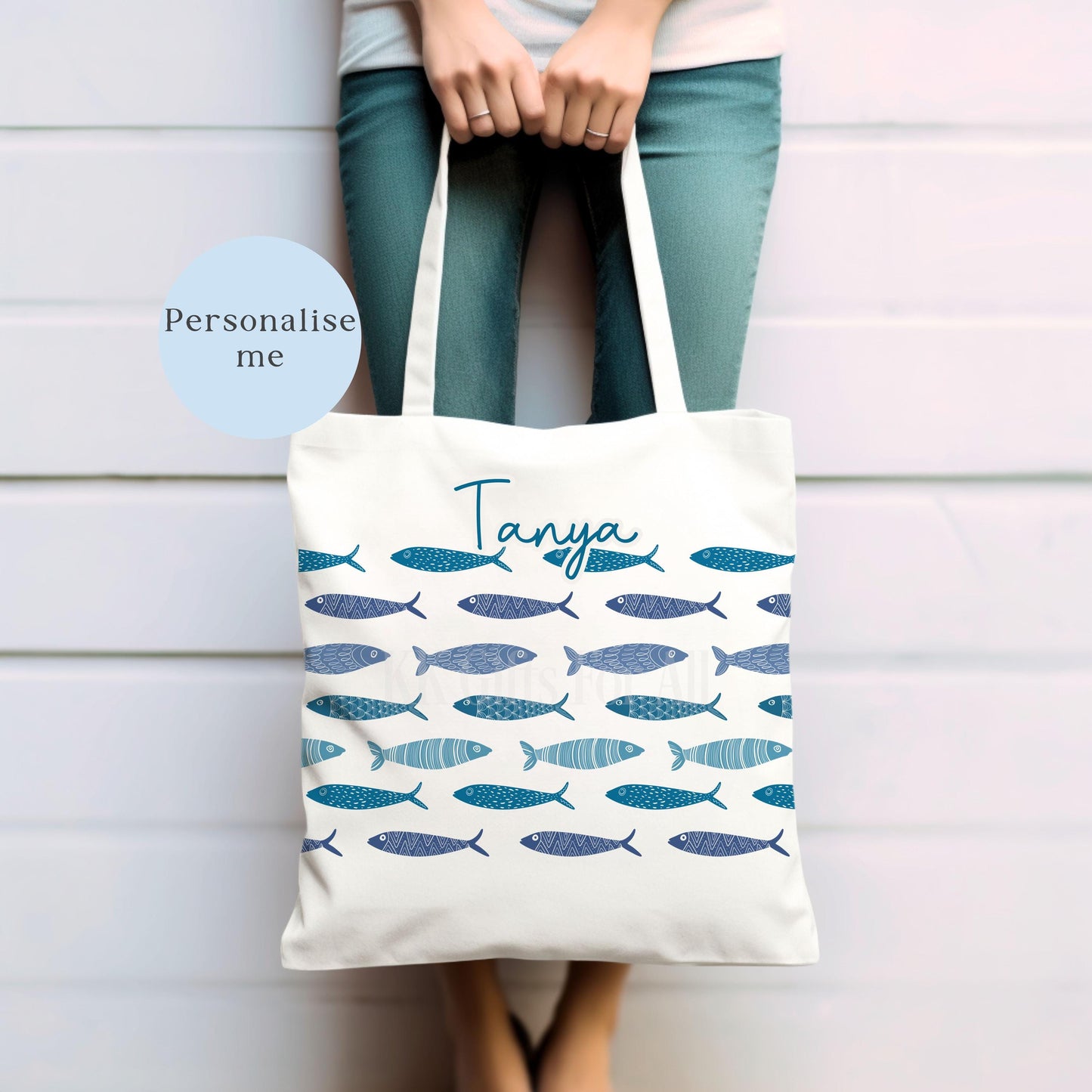 Personalised Sardine Fish Tote Bag, Long Handle Reusable Shopper, Maritime Theme Gift