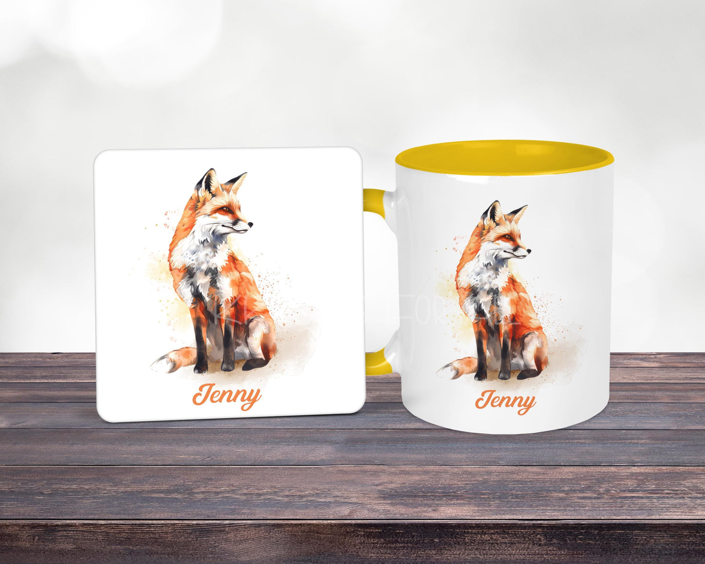 Watercolour Fox Mug & Coaster, Personalised Gift For Woman - Mum Nan Aunt Friend , Anniversary Gift For Fox Lover, Yellow Fox Mug