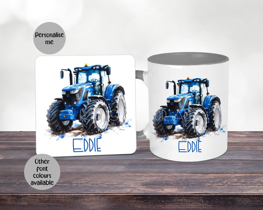 Personalised Blue Tractor Mug & Coaster, Farmer Mug, Modern Blue Tractor Lover Birthday Gift