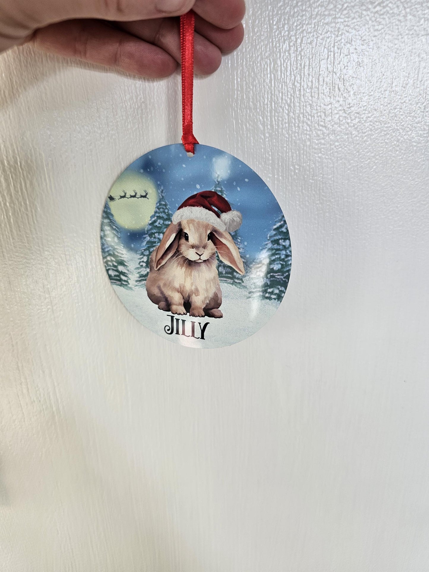 Personalised Christmas Bunny Rabbit Tree Decoration, Rabbit Metal Christmas Hanging Ornament