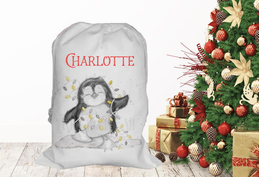 Personalised Penguin Santa Sack, Large Christmas Sack, Christmas Present Bag