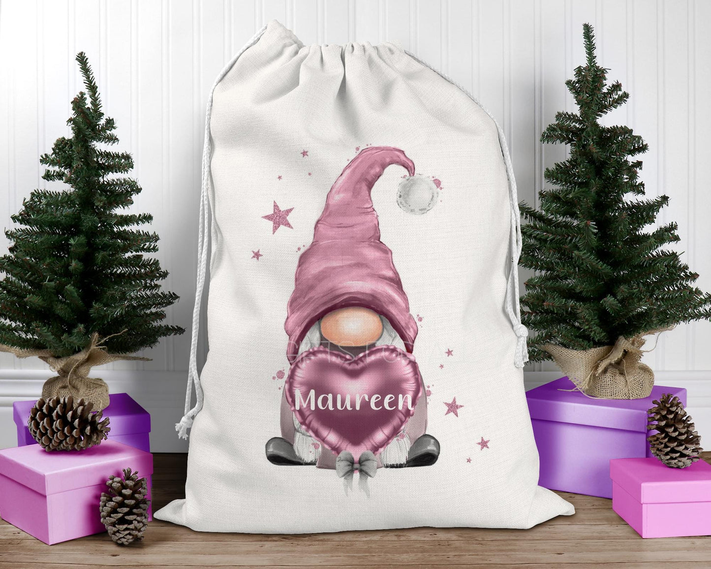 Personalised Pink Gonk Christmas Sack, Watercolor Gnome Santa Sack