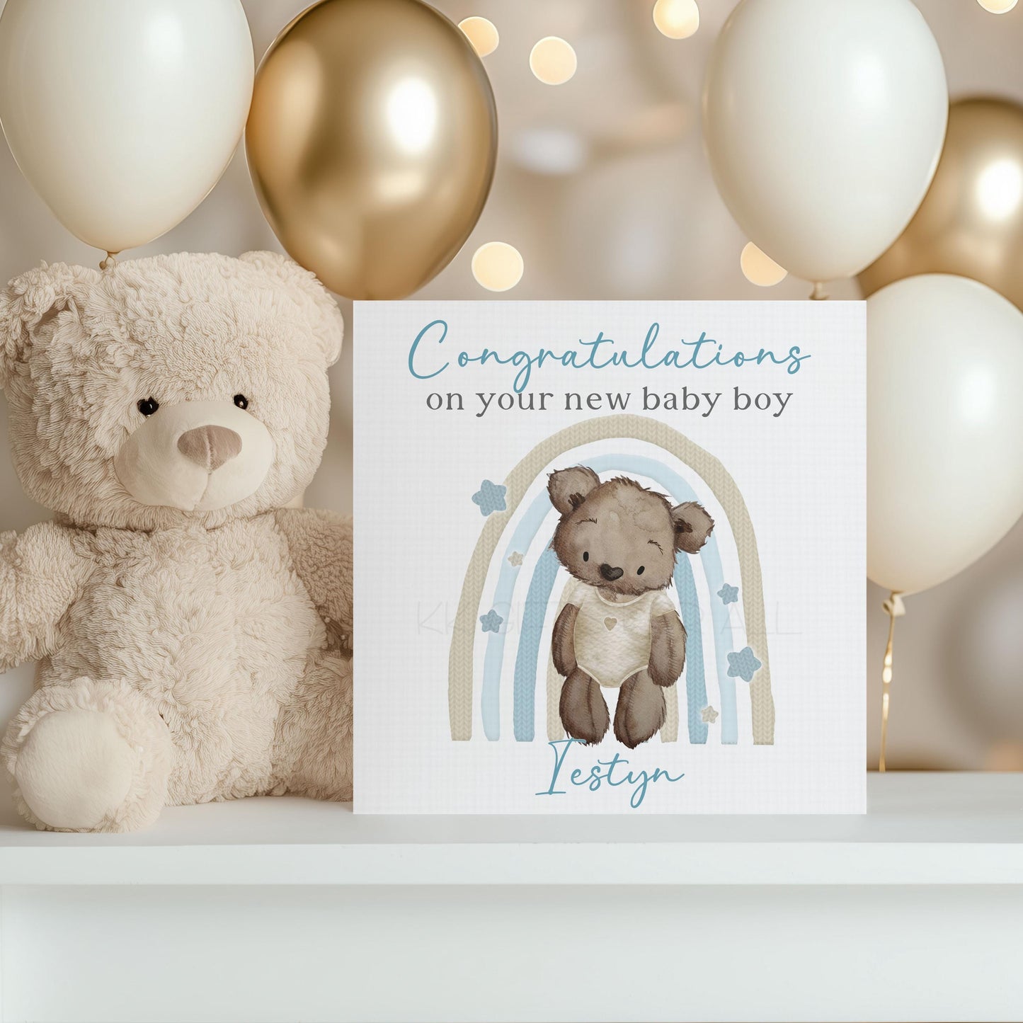 Personalised New Baby Boy Card, Watercolor Teddy Bear & Rainbow Congratulations Card
