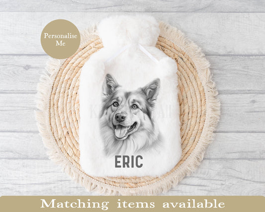 Personalized Light German Shepherd Hot Water Bottle with Pom Poms