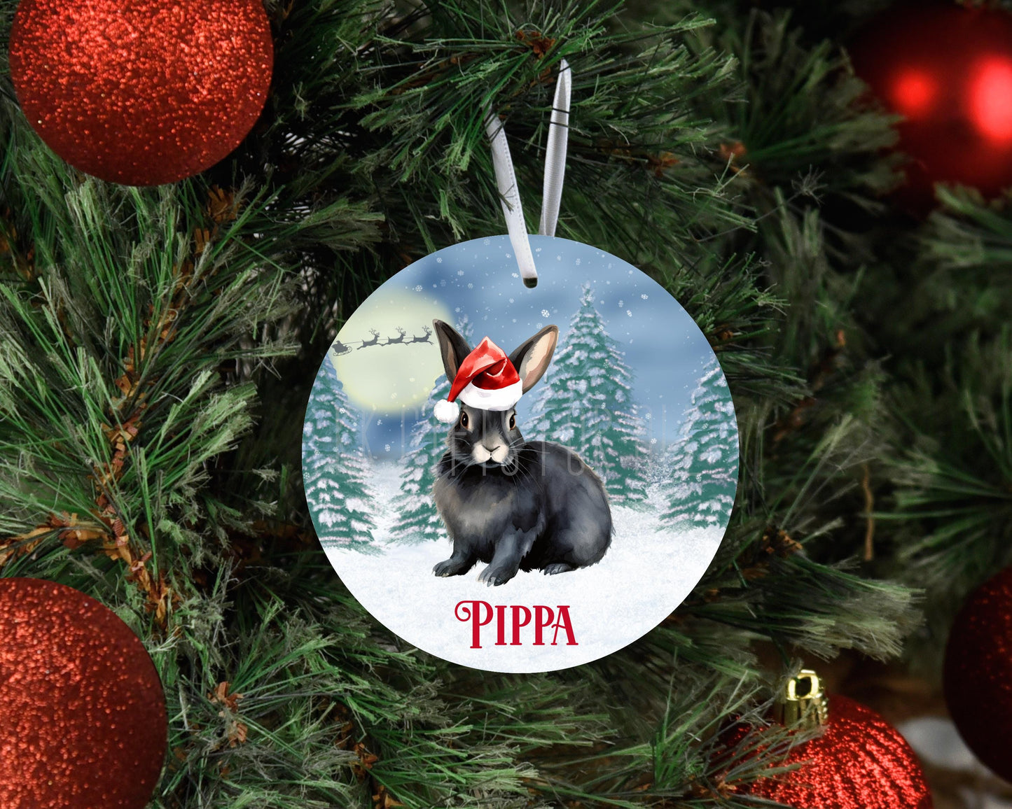 Personalised Christmas Black Bunny Rabbit Tree Decoration, Rabbit Metal Christmas Hanging Ornament