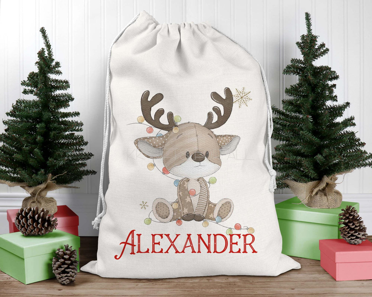 Personalised Linen Santa Sack, Large Christmas Present Bag With Reindeer, Drawstring Closure