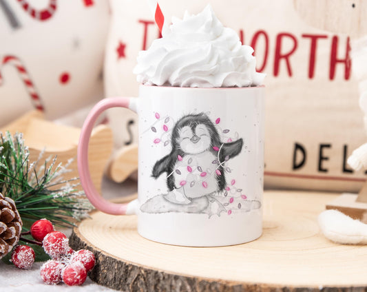 Personalised Christmas Pink Penguin Mug, Sketch Penguin With Xmas Lights, Christmas Hot Choc Mug
