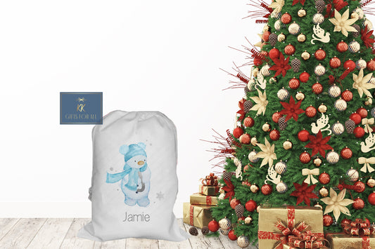 Personalised Christmas Santa Sack Father Christmas Bag, Large Snowman Xmas Sack, Initial & Name. Pink or Blue, Boy or Girl