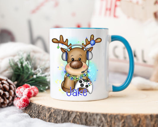 Blue Christmas Reindeer Mug, Personalised Children's Christmas Eve Mug, Gaming Mug