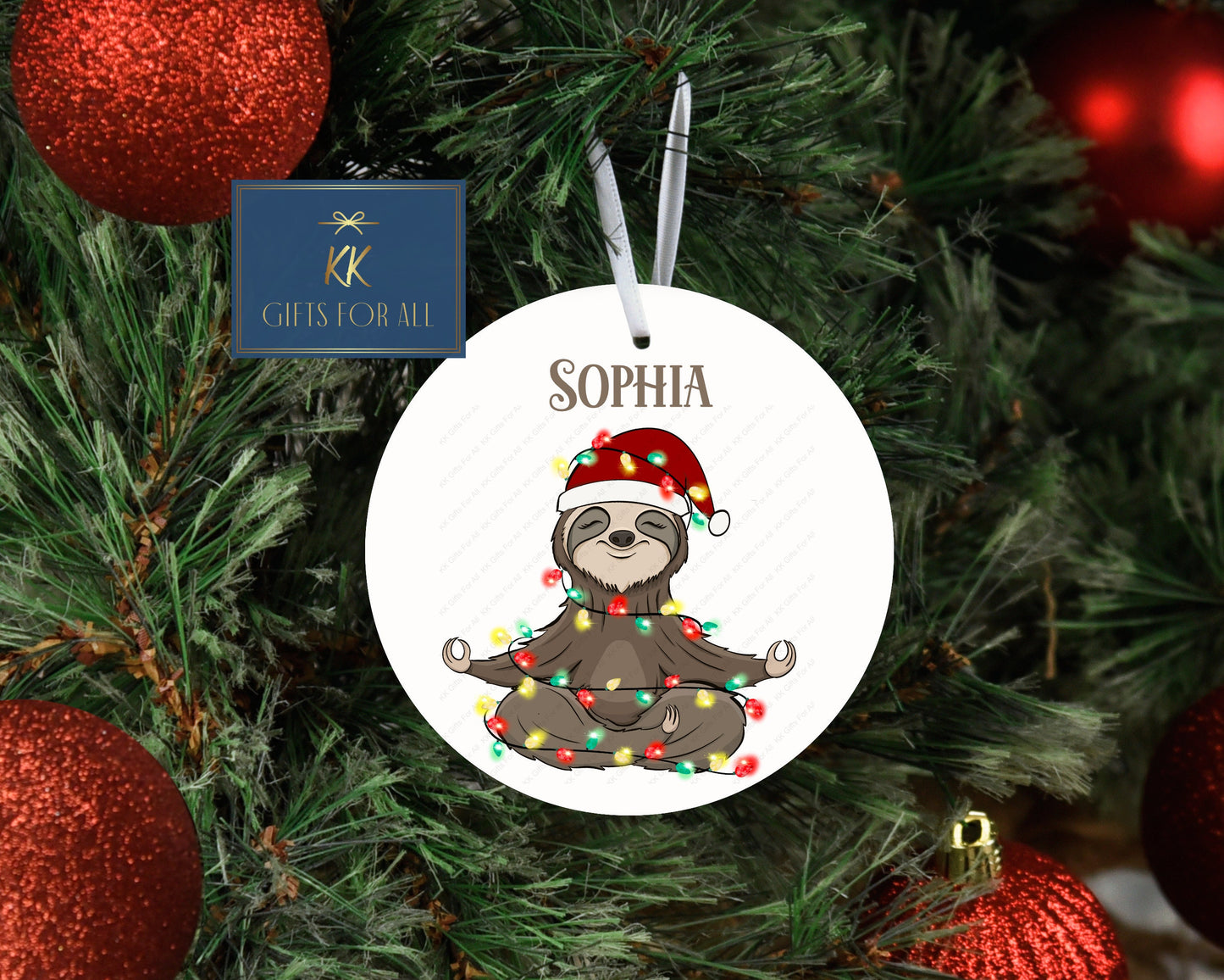 Personalised Sloth Christmas Tree Decoration, Metal Tree Ornament,
