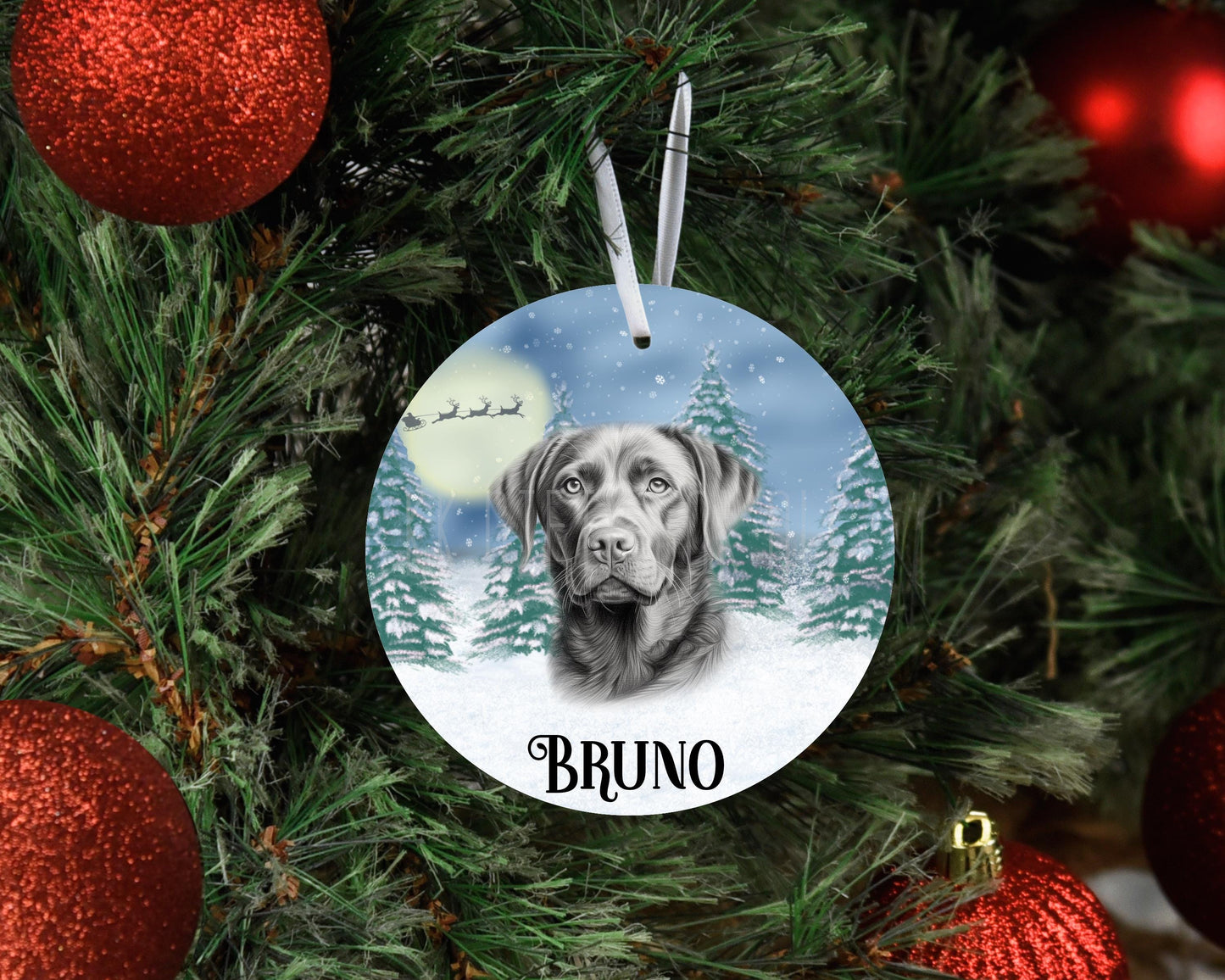 Personalised Christmas Chocolate Lab Tree Decoration, Labrador Metal Christmas Hanging Ornament