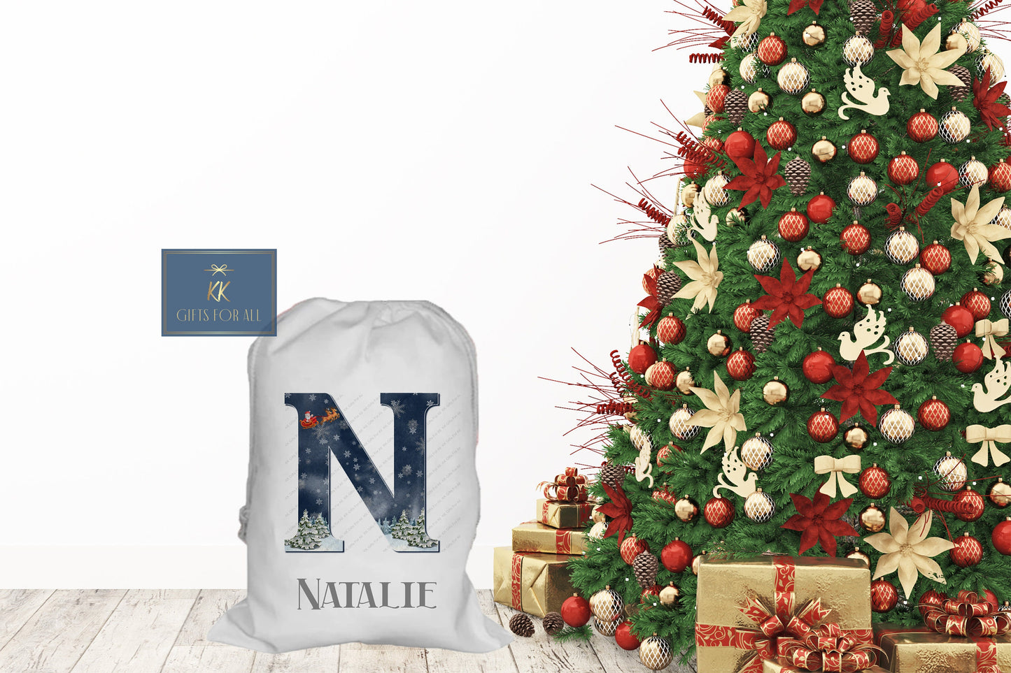 Personalised Christmas Santa Sack Father Christmas Bag, Initial Santa & Reindeer Nightfall Sky, Girl Or Boy