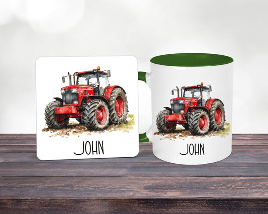 Personalised Green Tractor Mug & Coaster Set, Farmer Gift