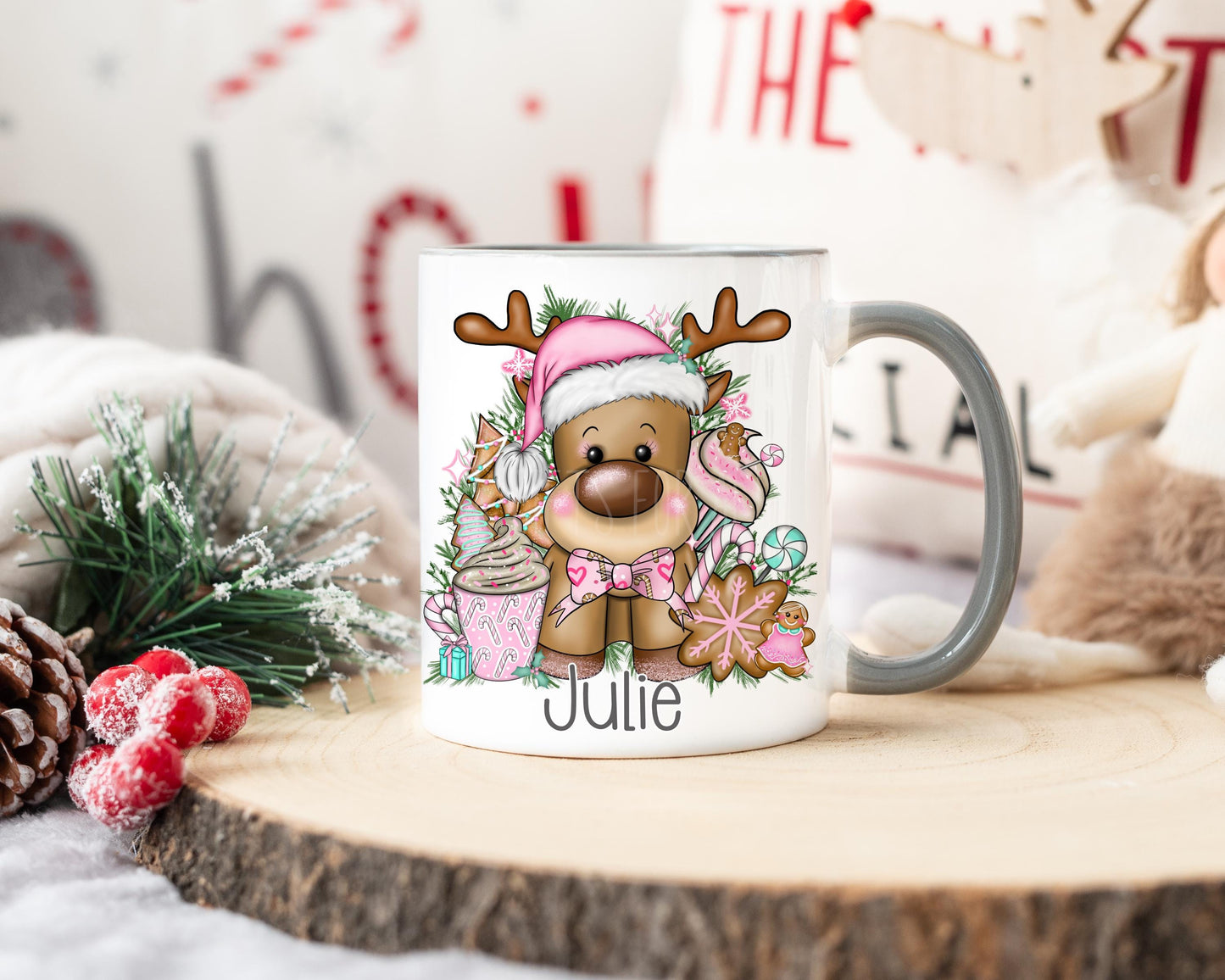 Grey 11oz Mug – Personalised Christmas Gonk Mug With Custom Name & Matching Coaster