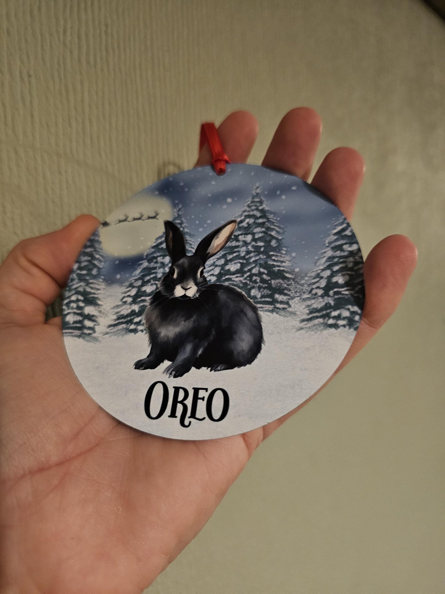 Personalised Christmas Black Bunny Rabbit Tree Decoration, Rabbit Metal Christmas Hanging Ornament