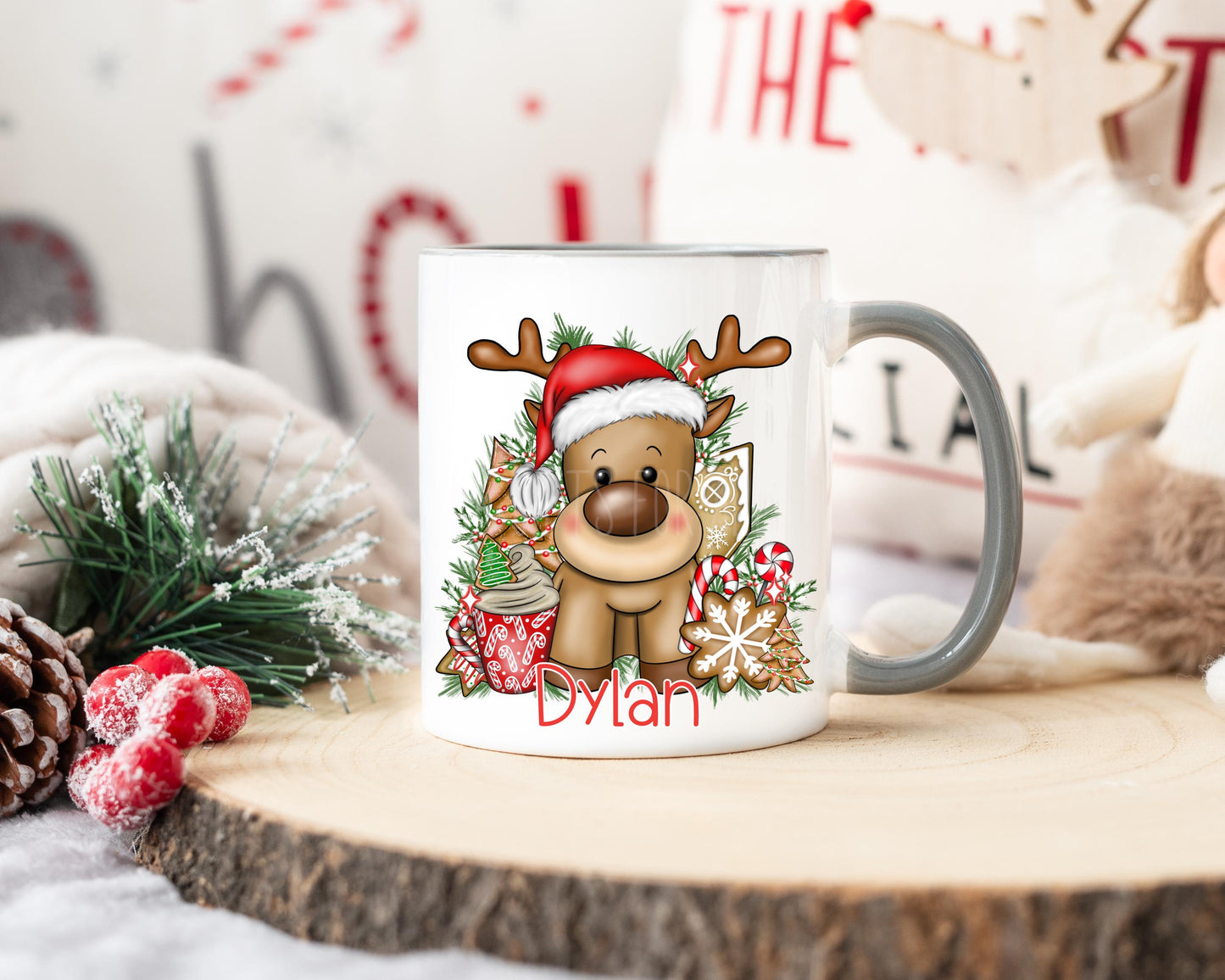Personalised Reindeer Hot Chocolate Mug, Christmas Cocoa Mug, Xmas Movie Mug, Red Reindeer Christmas Mug