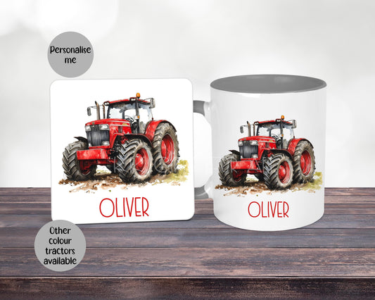 Personalised Red Tractor Mug & Coaster Set, Farmer Gift, Grey Mug