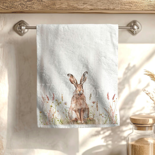 Hare Tea Towel, Personalised Kitchen Towel, Wildflife Hare Kitchen Decor