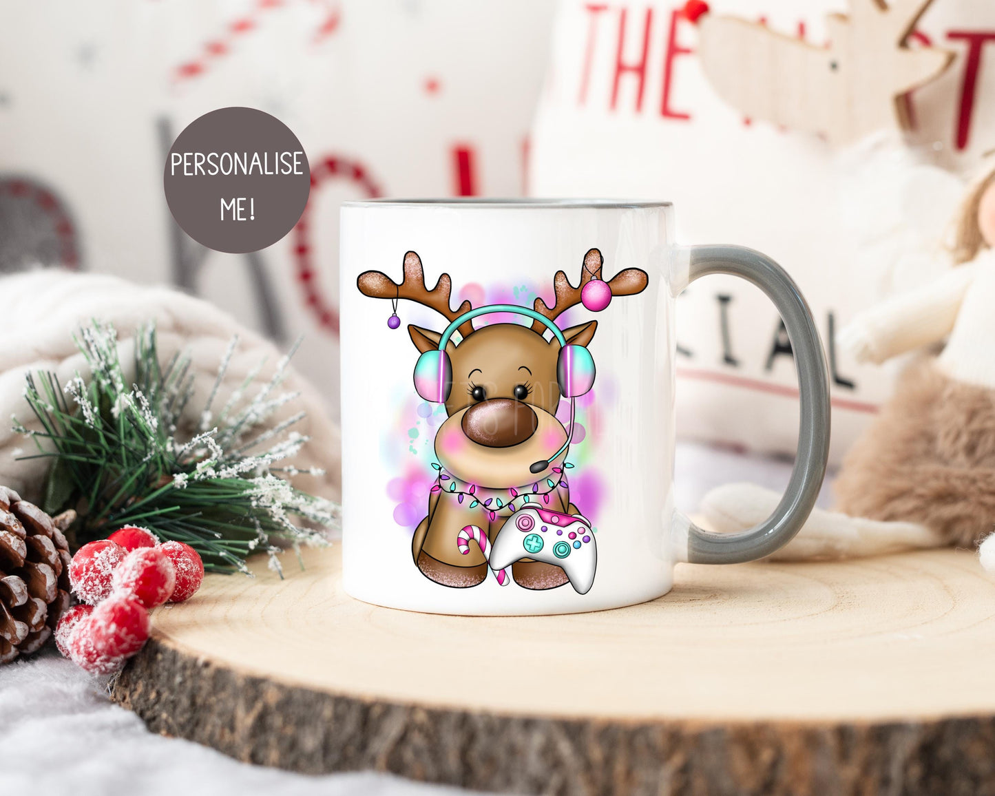Girls Christmas Mug, Personalised Reindeer Mug