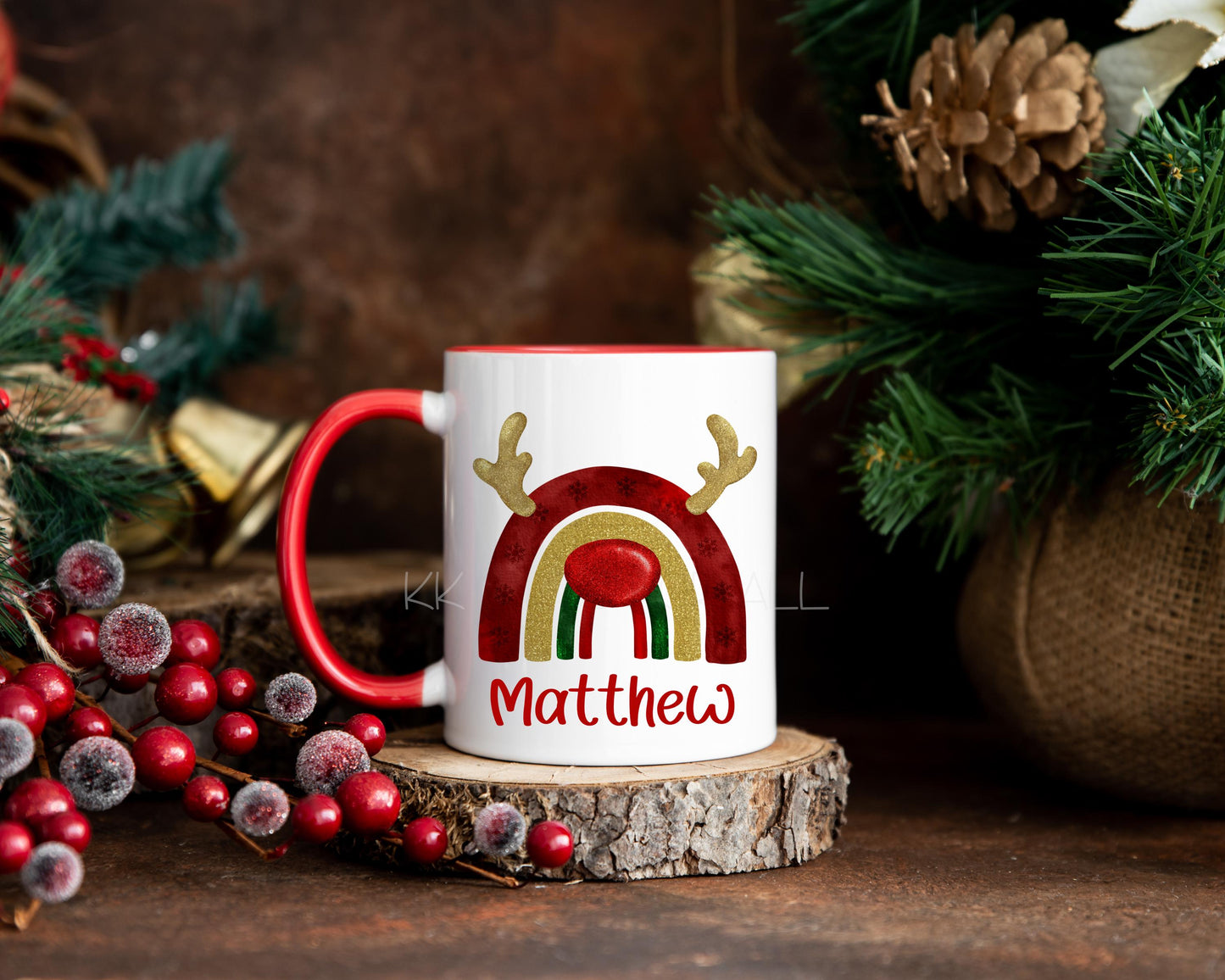 Personalised Christmas Reindeer Mug, Red Christmas Rainbow Mug, 11oz Christmas Cocoa Cup, Christmas Movie Mug, Holiday Mug For Her Him Kids