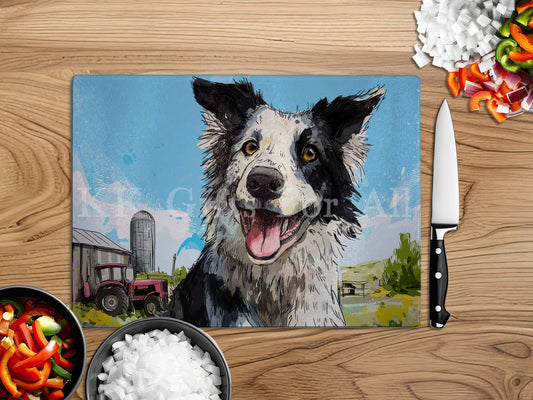 Collie Farm Dog Chopping Board, Glass Work Top Saver, Cutting Board, New Home Gifts, Farmhouse Kitchen Decor