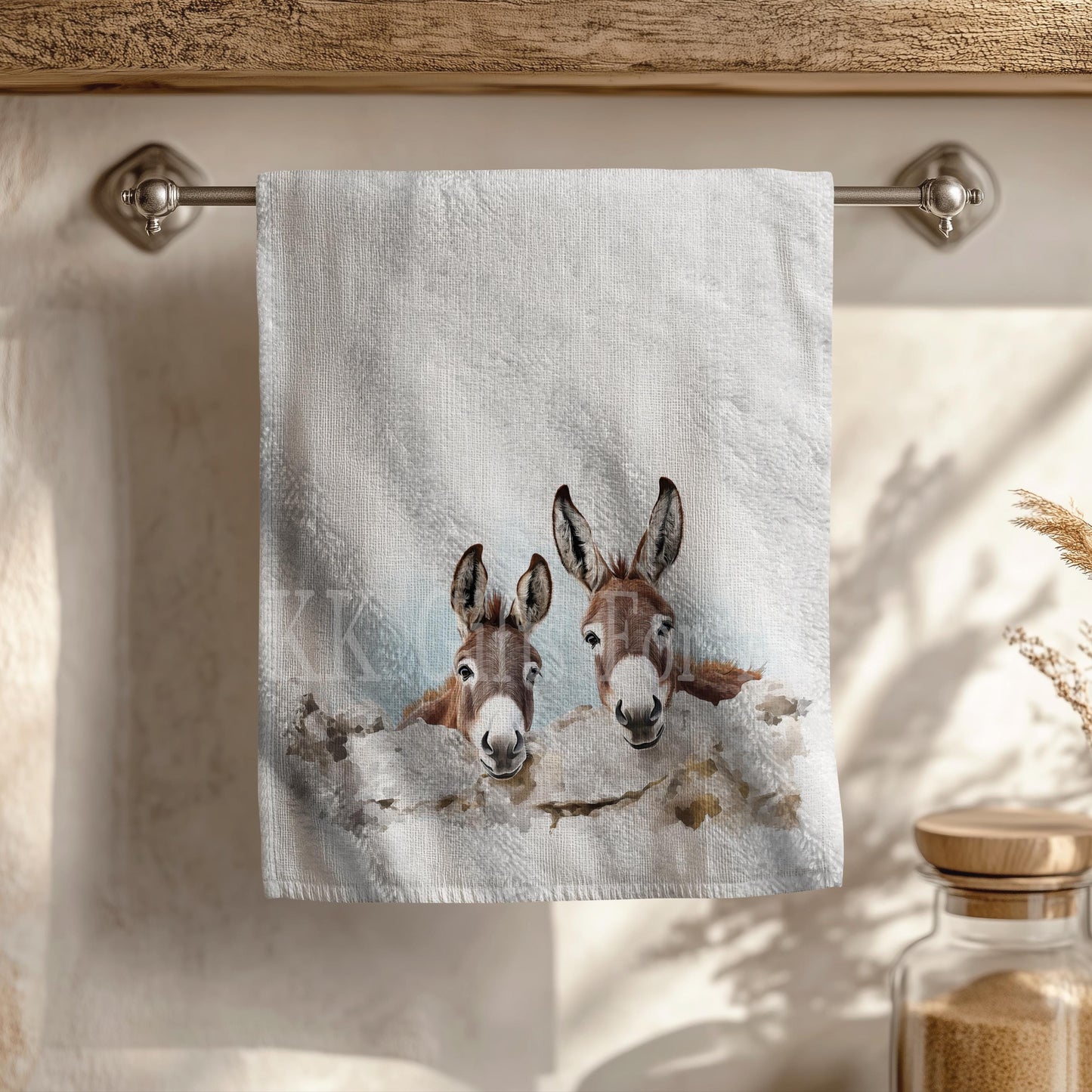 Personalised Donkey Tea Towel, Farmhouse Kitchen Towel Decor, Brown Donkey Gifts