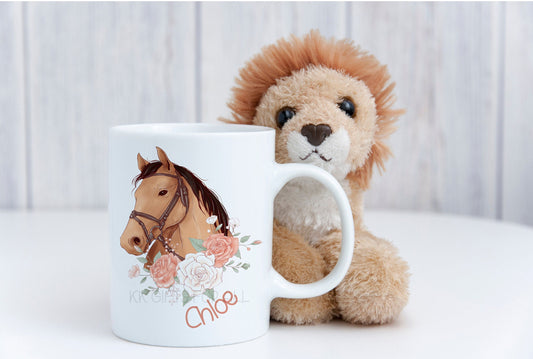 Personalised Horse Lover Mug & Coaster Gift,    Chestnut Bay Grey Horse, Perfect Gift For Horse Owners Riders, Floral Horse Mug