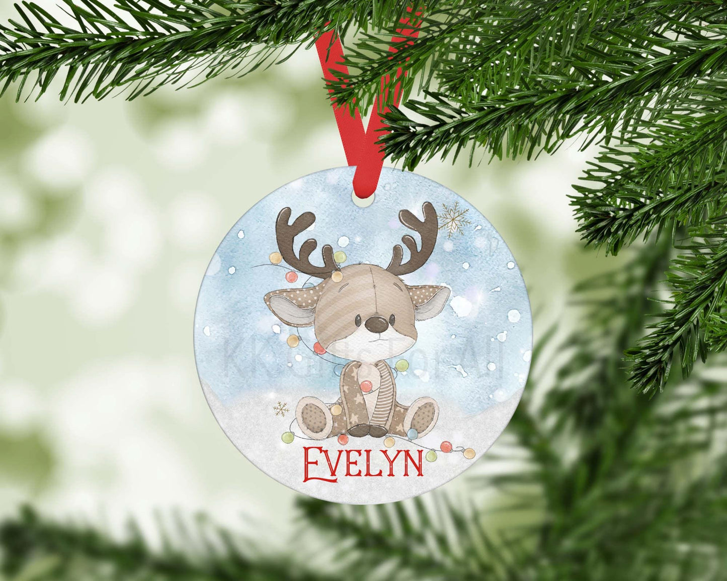 Personalised Reindeer Christmas Ornament, Aluminium Bauble, Keepsake Gift, Tree Decoration