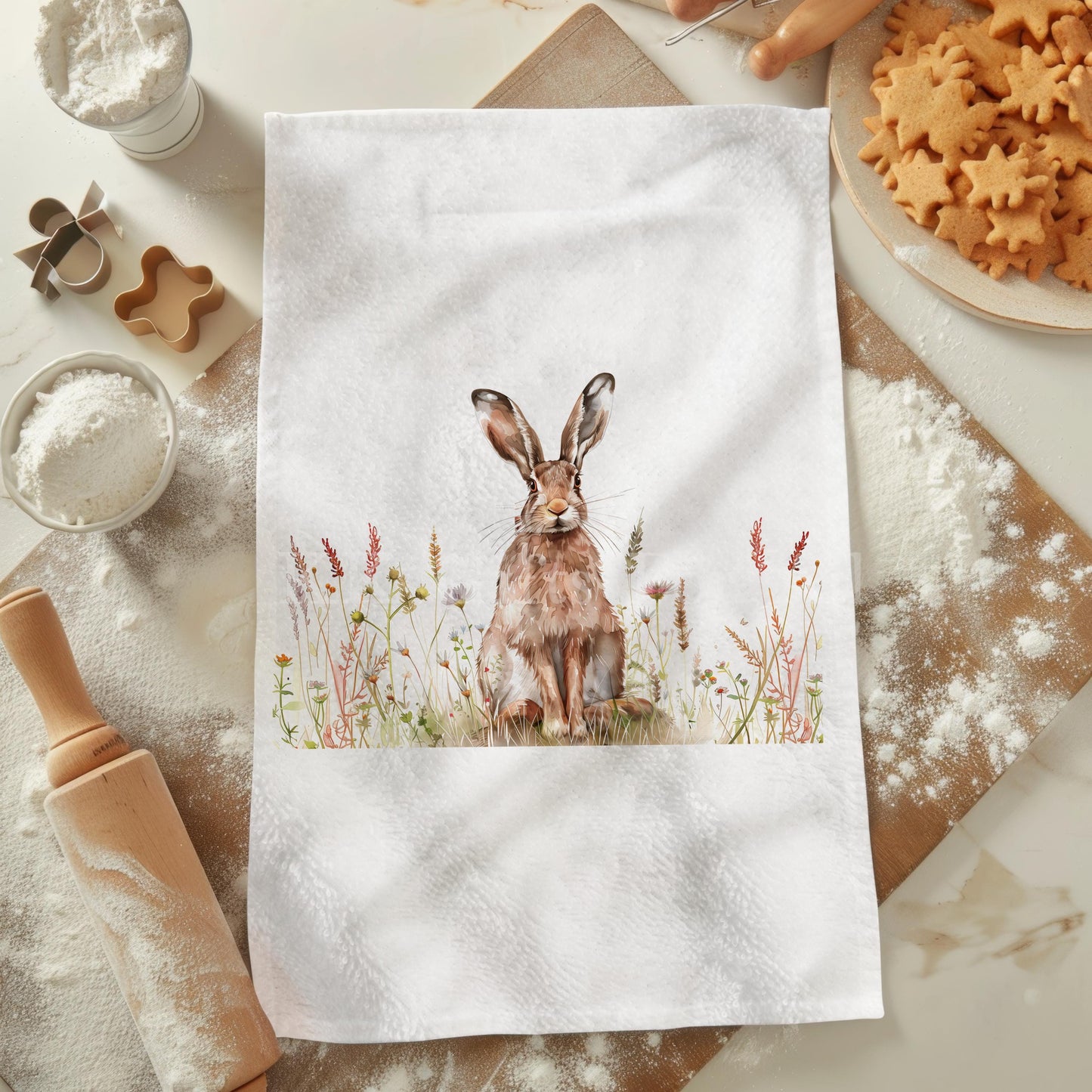 Hare Tea Towel, Personalised Kitchen Towel, Wildflife Hare Kitchen Decor