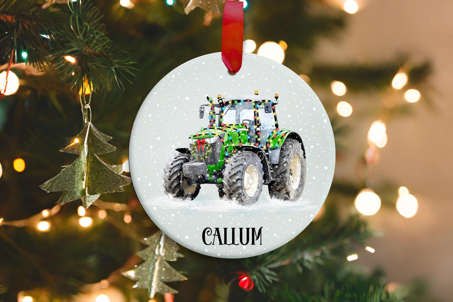 Personalised Christmas Tractor Decoration, Green Tractor Christmas Hanging Ornament