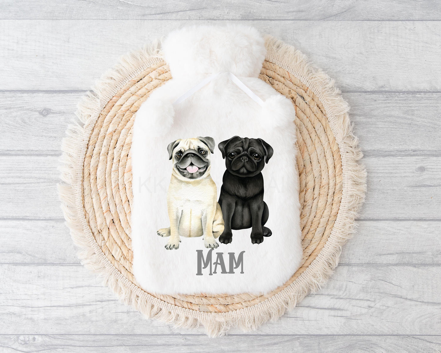 Black & Fawn Pug Hot Water Bottle, Personalised Dog Hot Water Bottle, Black Fawn Pug Gifts
