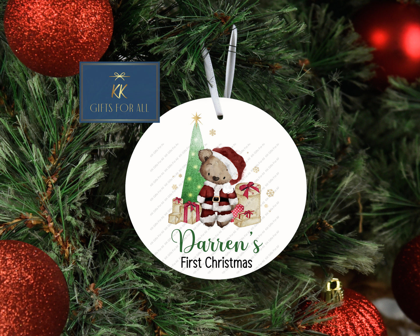 Personalised Christmas Tree Decoration, Christmas Santa Bear Hanging Ornament, Metal Tree Decoration