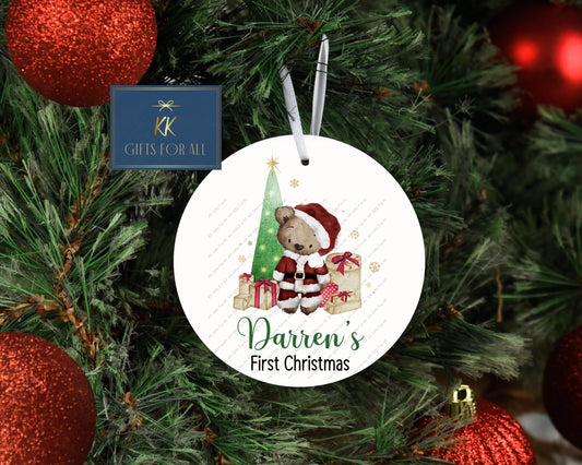 Personalised Christmas Tree Decoration, Christmas Santa Bear Hanging Ornament, Metal Tree Decoration