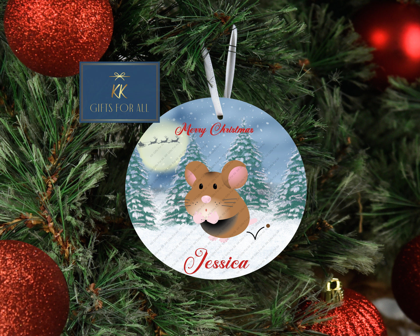 Personalised Christmas Tree Decoration, Pet Hamster Xmas Dec, Christmas Hanging Ornament, Metal Tree Decoration, Grey Brown Red Hamster Dec