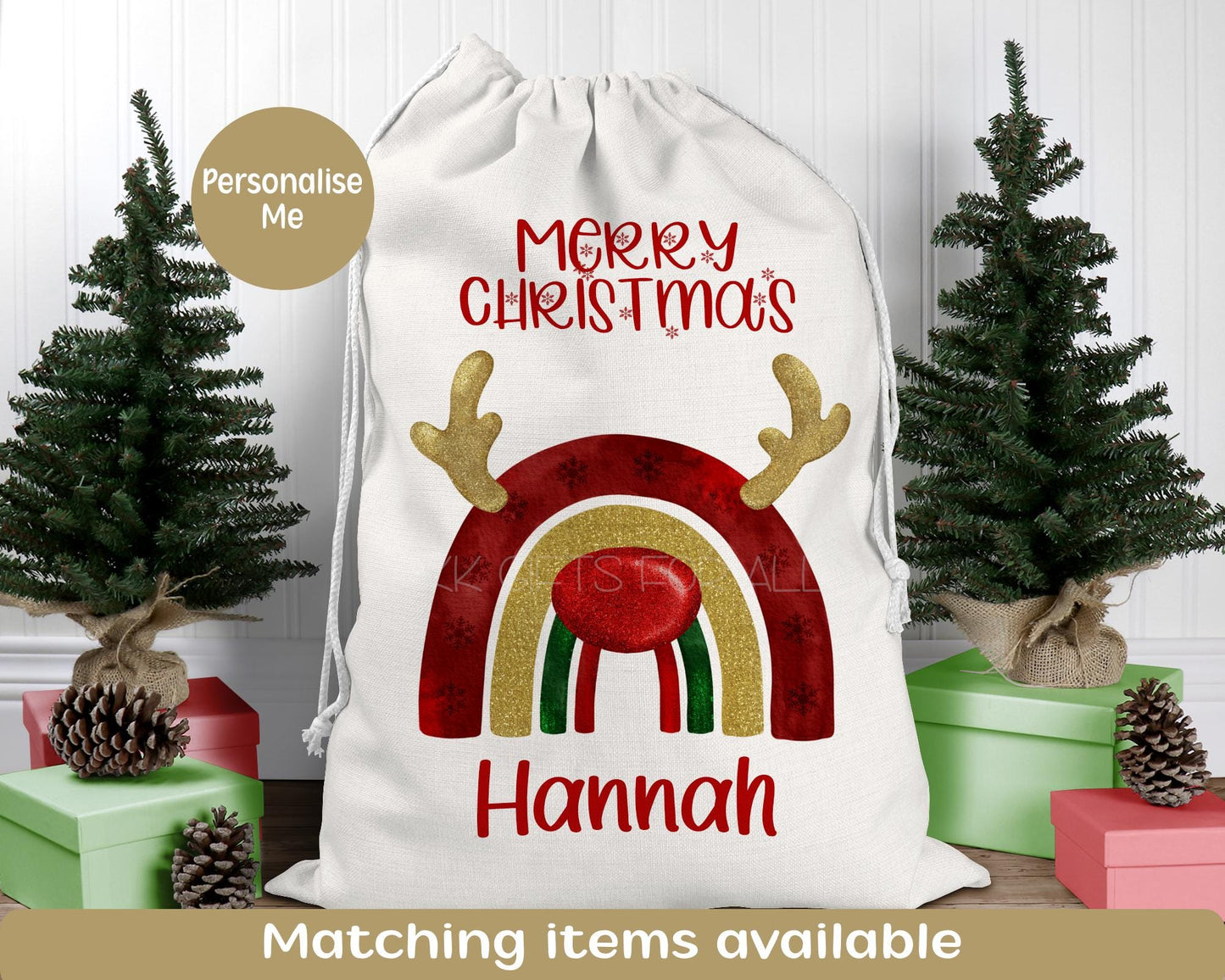Personalised Rainbow Santa Sack, Large Linen Christmas Present Bag