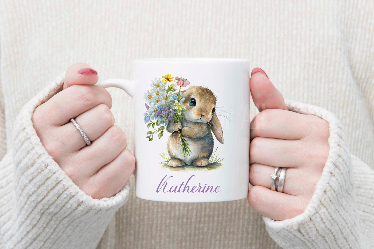 Spring Bunny Mug & Coaster, Personalised Rabbit Mug, Rabbit Lover Gifts, Mum Nan Gran Easter Mug
