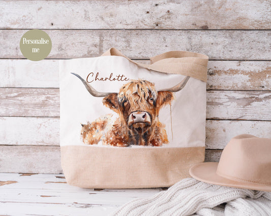 Highland Cattle Jute Totebag, Large Canvas Bag, Cottagecore & Farmhouse Style, Reusable Shopper Bag Gift For Mum Nan Grandma Friend