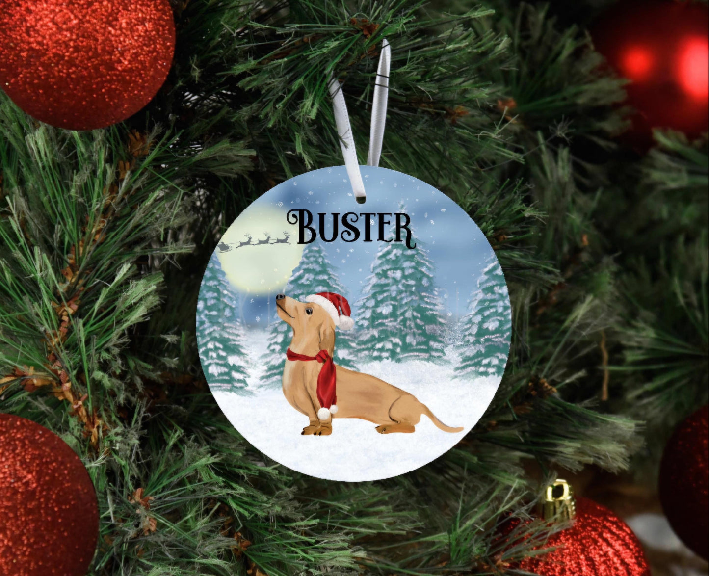 Personalised Dachshund Christmas Tree Decoration, Black & Brown Dachshund Metal Tree Hanging Ornament, Sausage Dog