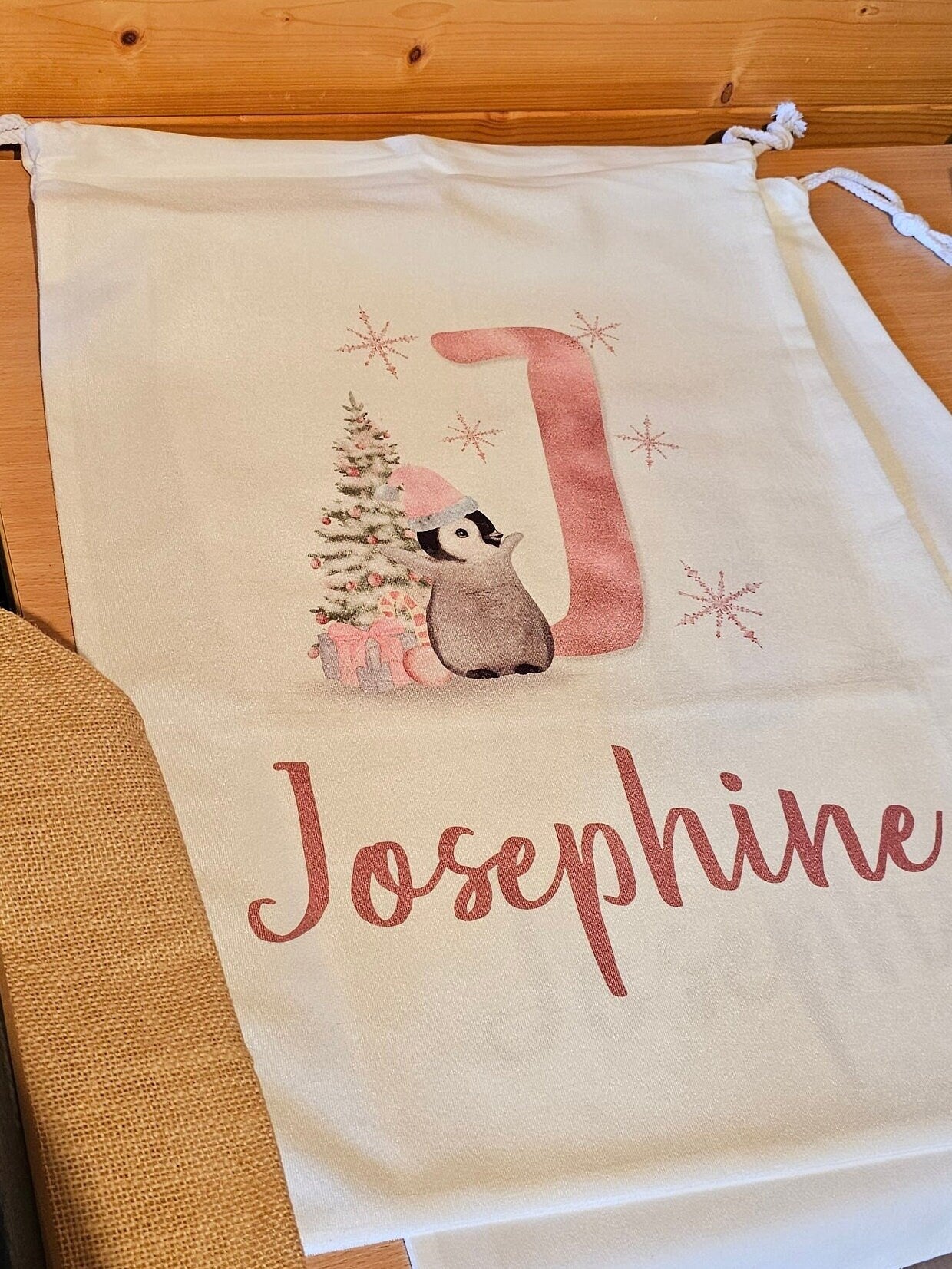 Personalsied Christmas Santa Sack Father Christmas Bag, Pink Penguin Father Christmas Sack, Name & Initial