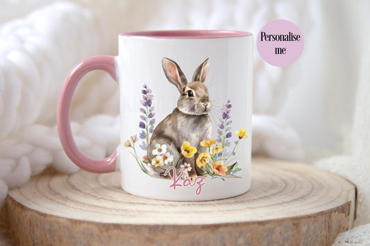 Floral Bunny Mug & Coaster, Personalised Rabbit Mug, Rabbit Lover Gifts