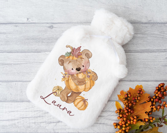 Hot Water Bottle, Personalised Bear Hot Water Bottle, Autumn Theme Hot Water Bottle, Pumpkin Bear Gift