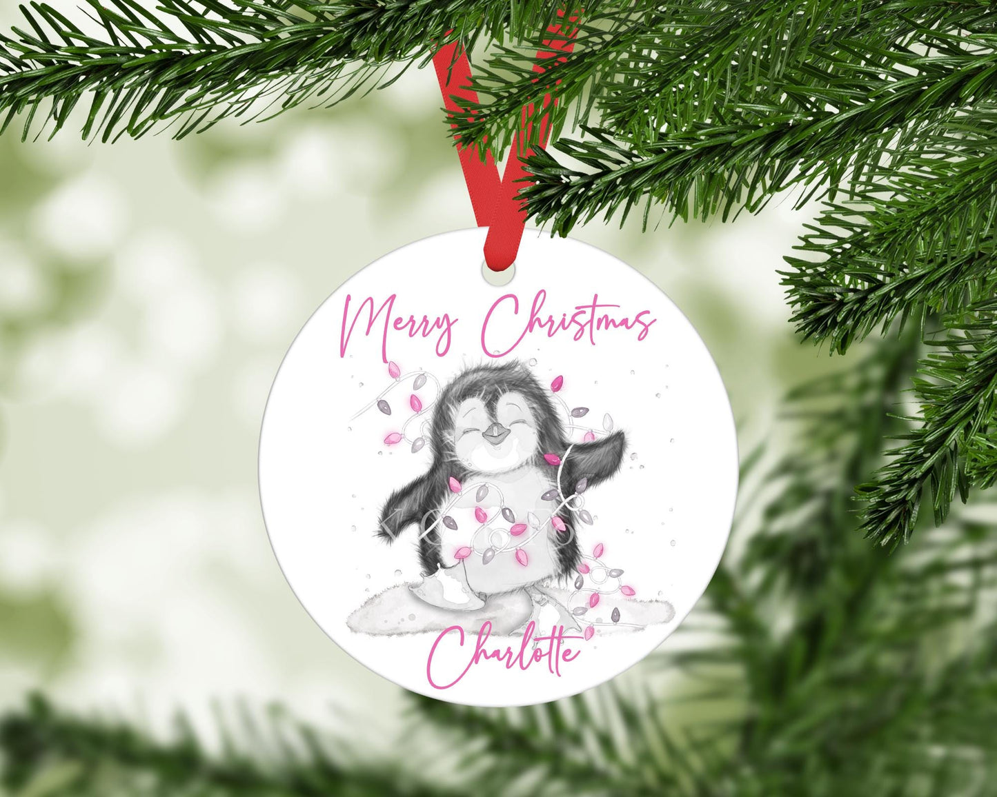 Personalised Penguin Ornament – Pink Sketchy Penguin Christmas Tree Decoration