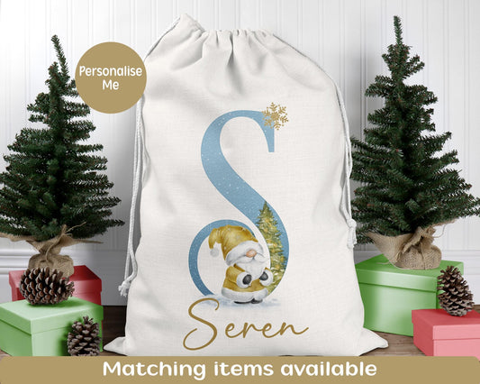 Personalised Christmas Gonk Santa Sack, Holiday Gnome, Large Drawstring Bag