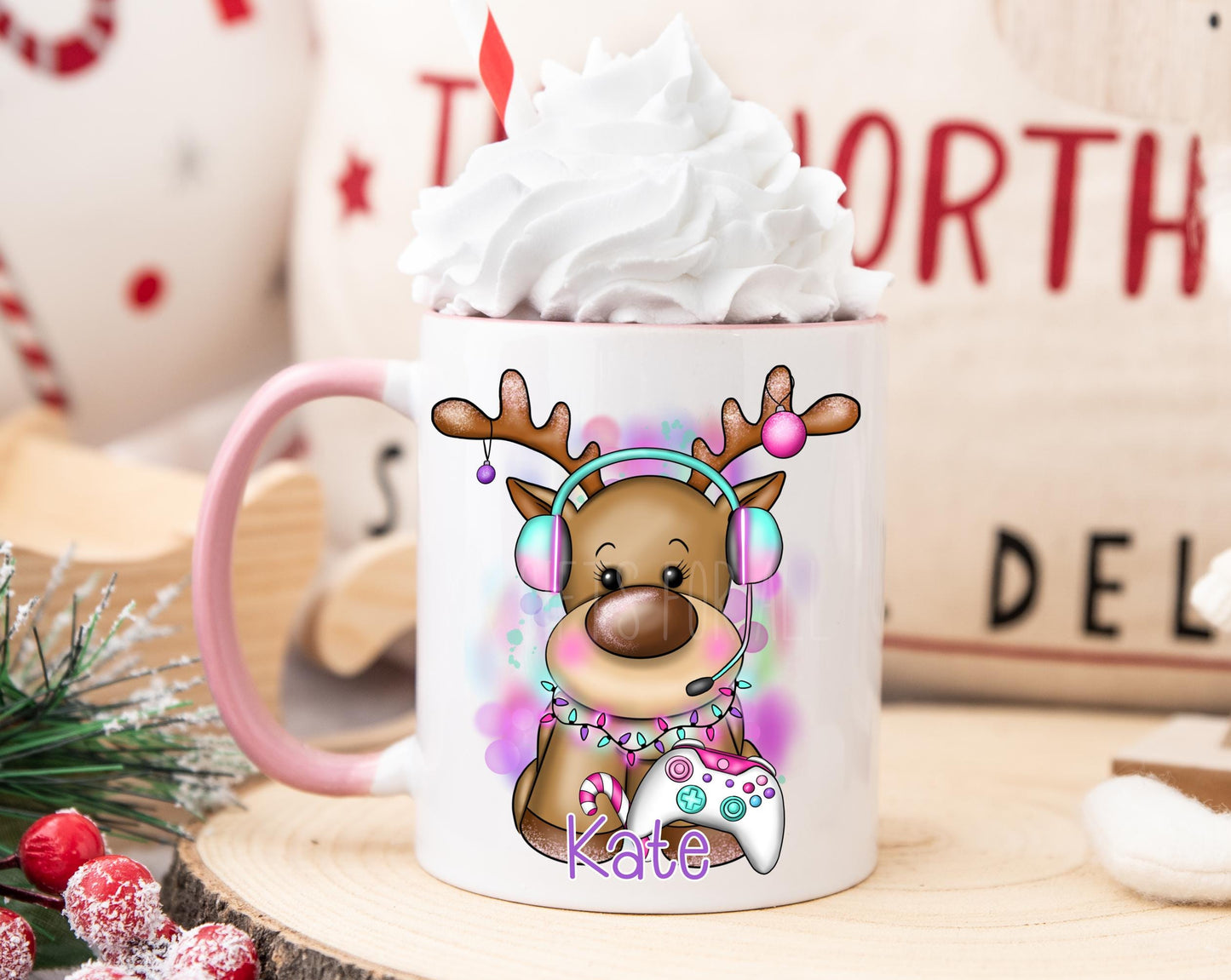 Children's Christmas Mug, Personalised Pink Reindeer Mug, Gamer Gifts