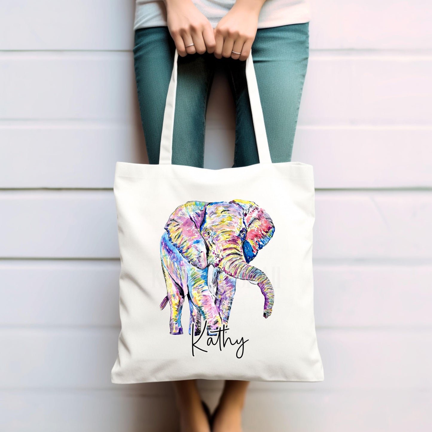 Rainbow Elephant Tote bag, Personalised Totebag, Large Totebag, Colourful Elephant Gift, Long Handle Bag